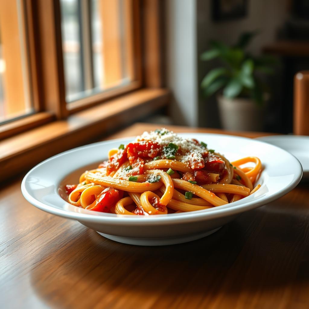 トマトソースのパスタ（仮素材・AI生成）
